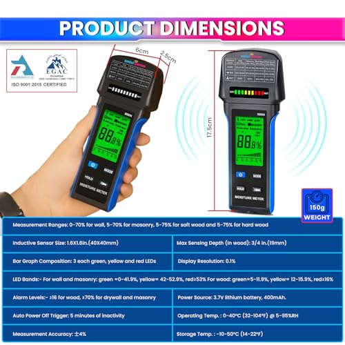 amiciSense Digital Moisture Meter with LED Indicators & Flashlight | Non-Destructive Wall, Wood & Masonry Humidity Tester | Multifunctional Hygrometer with Audible Alarm & Rechargeable Battery - Image 5