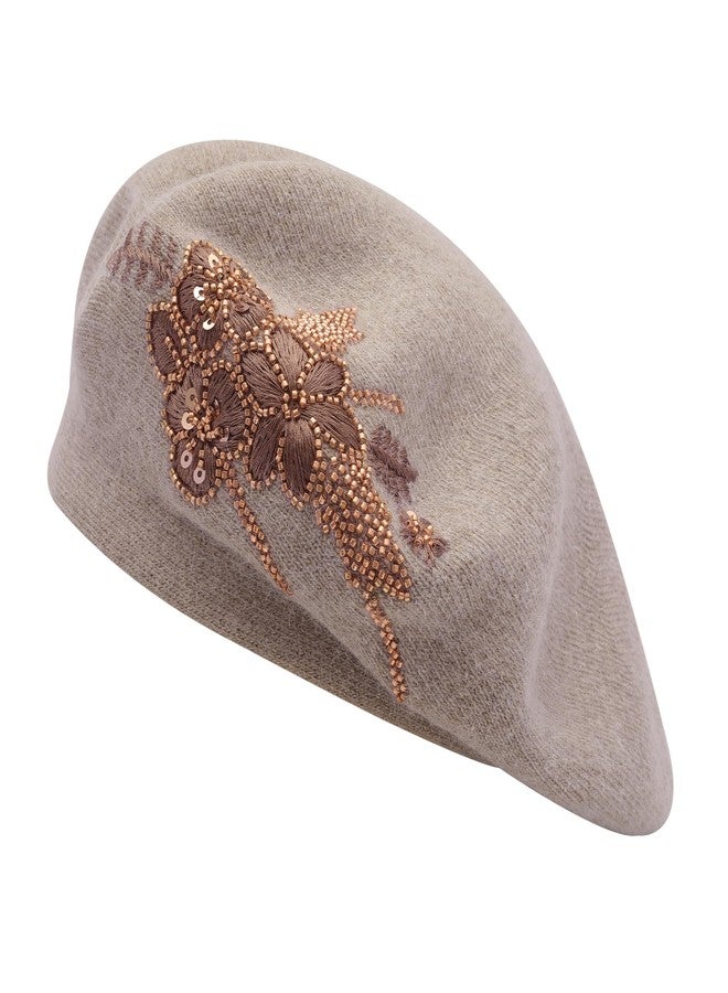 ZLYC Womens French Beret Hat Reversible Knitted Thickened Warm Cap for Ladies Girls, Embroidered Flower Coffee, One size - Image 1