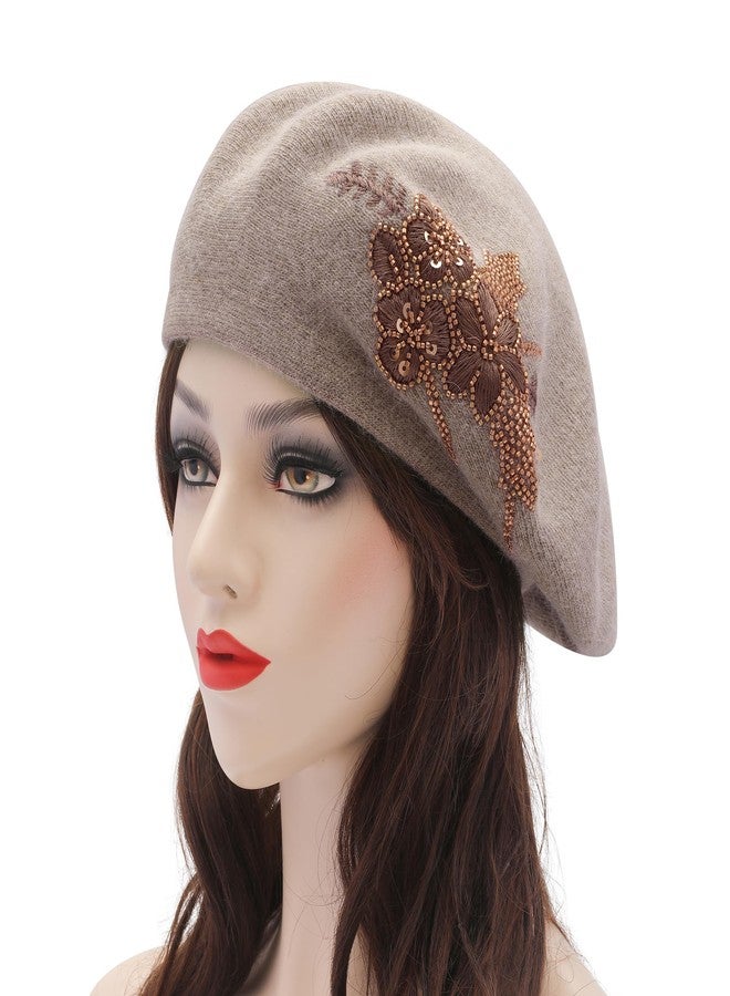 ZLYC Womens French Beret Hat Reversible Knitted Thickened Warm Cap for Ladies Girls, Embroidered Flower Coffee, One size - Image 2