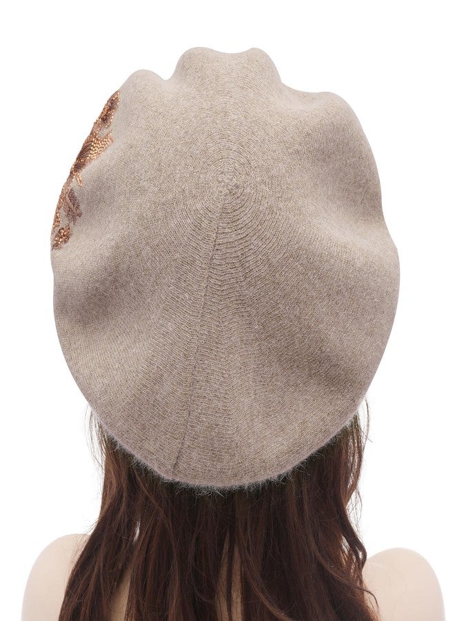 ZLYC Womens French Beret Hat Reversible Knitted Thickened Warm Cap for Ladies Girls, Embroidered Flower Coffee, One size - Image 3