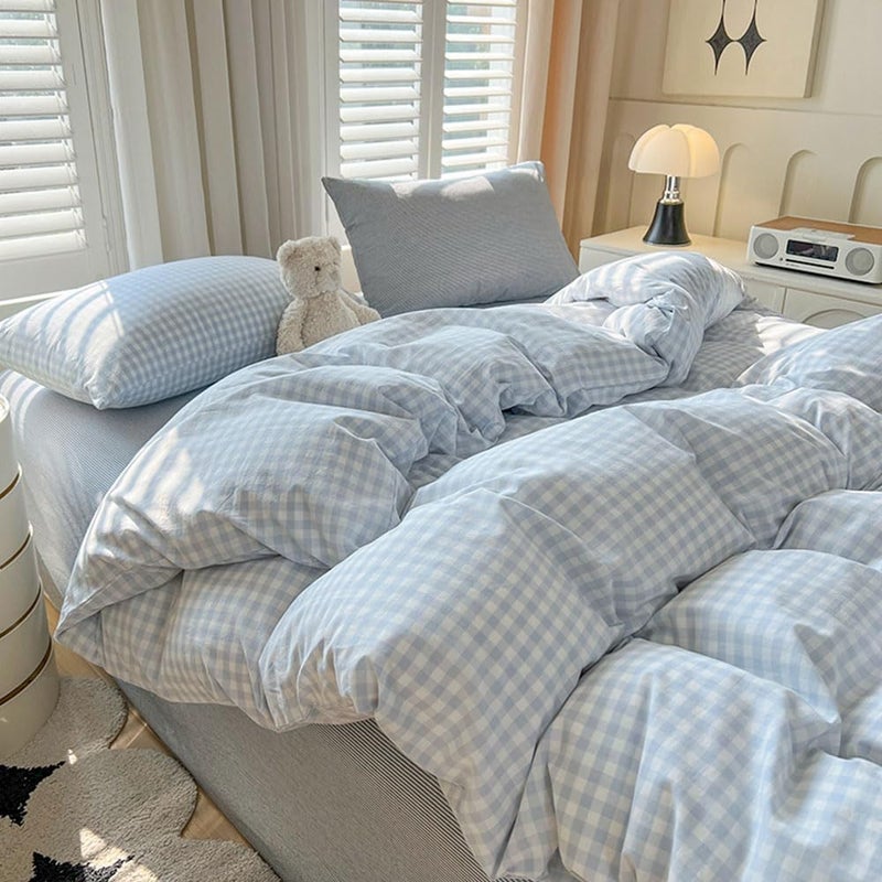 Nayoroom Gingham Duvet Cover King Size Blue White Plaid Checkered Comforter Cover 3 Pcs Soft Breathable Washed Microfiber Grid Farmhouse Bedding Set with Pillow Shams