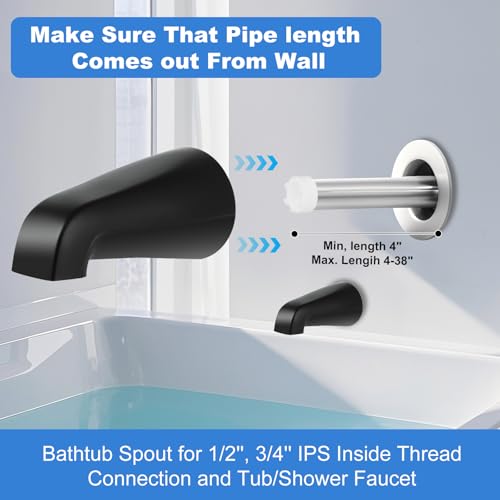 Coolfell Universal Bath Tub Spout with Adapter, Bathtub Faucet Spout Without Diverter, 5" Length Bathtub Spout for 1/2'', 3/4'' IPS Inside Thread Connection and Tub/Shower Faucet (Matte Black) - Image 4