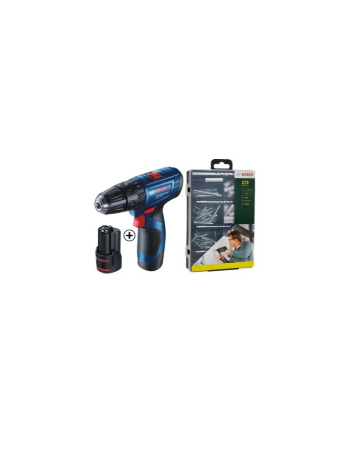 BOSCH Professional Cordless Combi Drill, GSB 120-LI (12 V) + Bosch Fixing Set (173 Pc.) Bundle