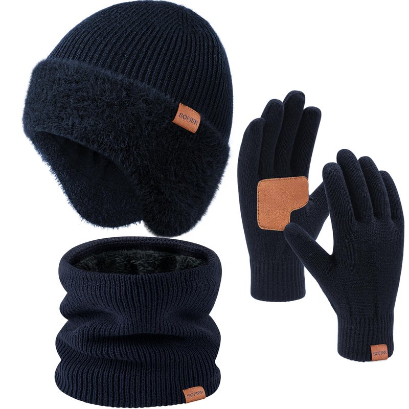 Sofier Winter Hat Fleece Lined Beanie with Earflap Neck Warmer Scarf Touchscreen Gloves Warm Knit Set for Men Women - Image 1