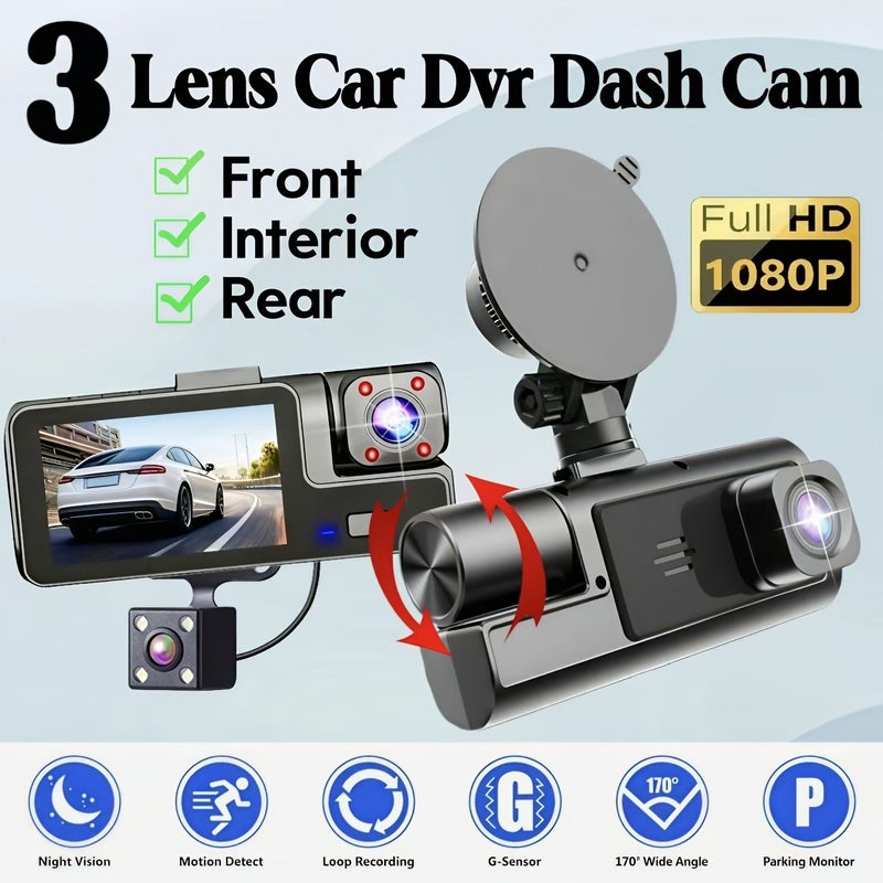 Three Channel Dash Cam 1080P FHD Front Inside Back Recording Wide Angle Lens Reverse Imaging - Image 1