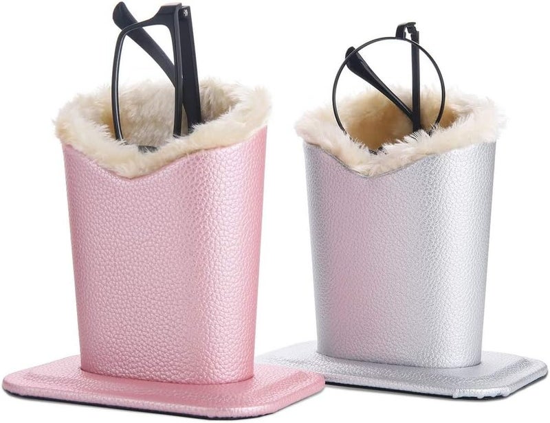 Siveit Eyeglass Holders, PU Leather Eyeglass Holder Stands with Soft Plush Lining, Silver, Pink - 2 Packs - Image 1