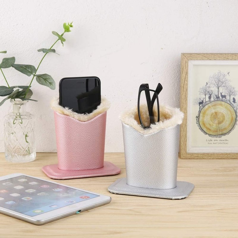 Siveit Eyeglass Holders, PU Leather Eyeglass Holder Stands with Soft Plush Lining, Silver, Pink - 2 Packs - Image 4
