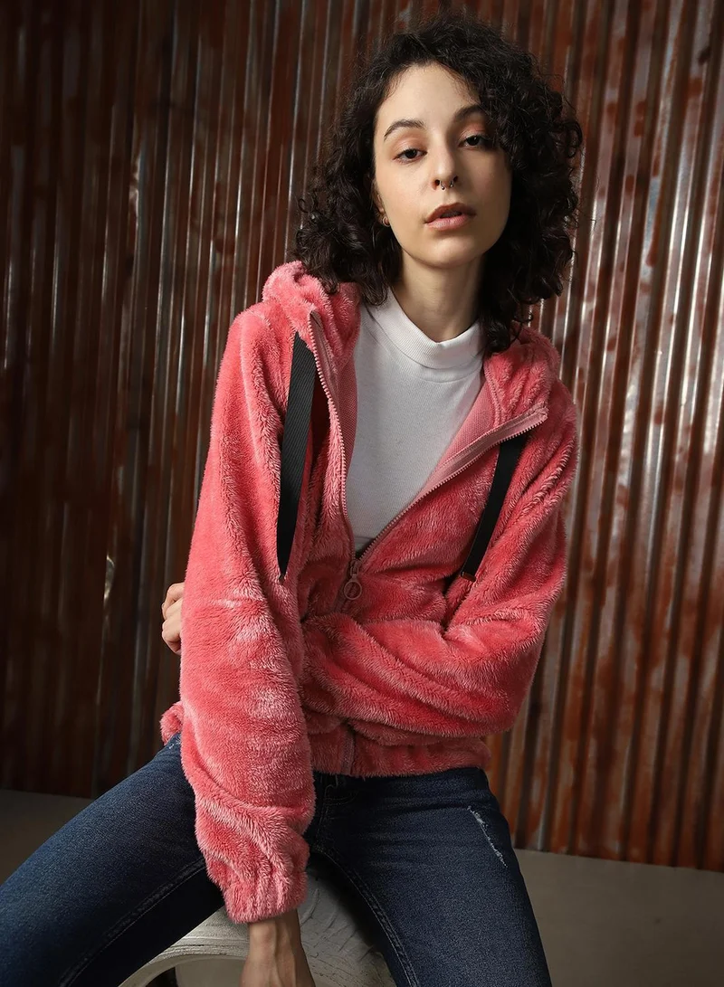 HIGH STAR Women's Pink Foxfur Solid Jacket