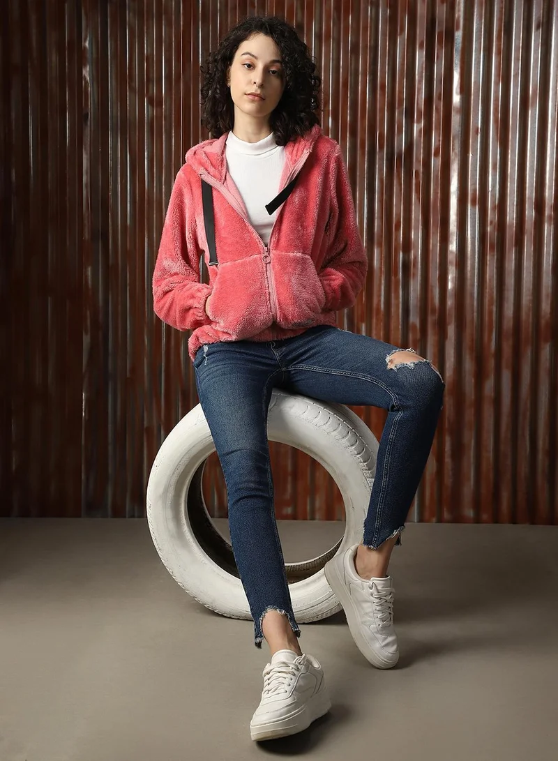 HIGH STAR Women's Pink Foxfur Solid Jacket