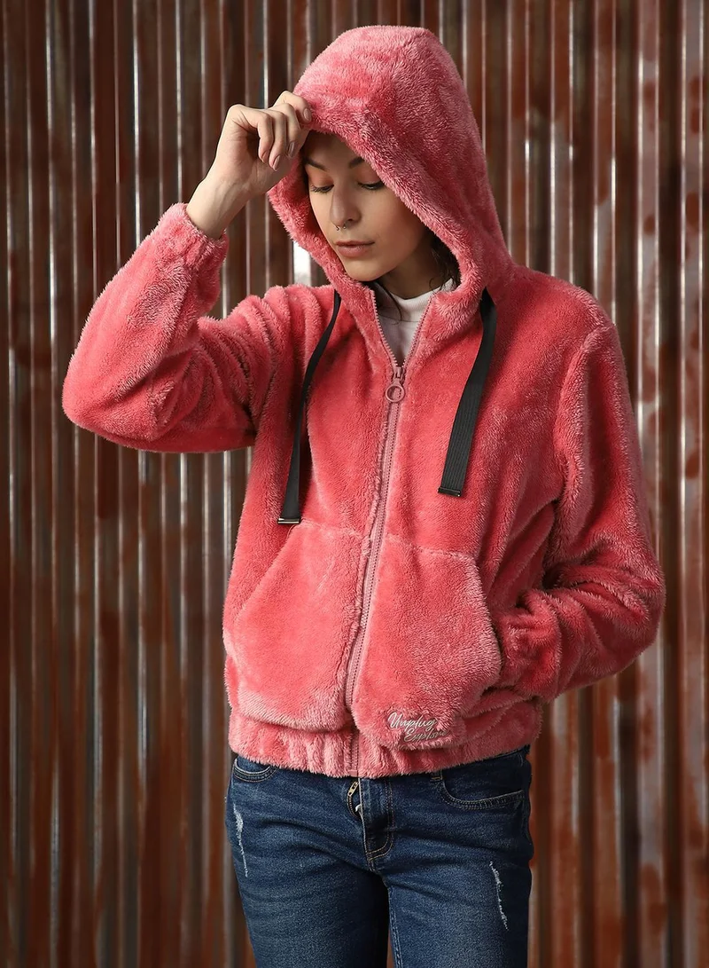 HIGH STAR Women's Pink Foxfur Solid Jacket
