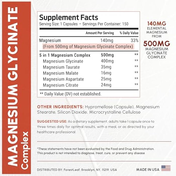 ForestLeaf Magnesium Glycinate 500mg Complex - Magnesium Supplement Capsules for Sleep and Calmness - Non-GMO, 3rd Party Tested - 150 Pills for Women & Men by ForestLeaf - Image 4