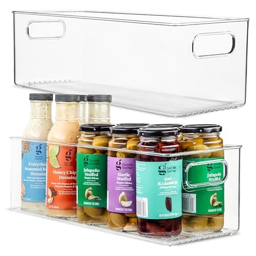 Plastic Food Storage 2 Pack Clear Container Bin with Handles for Organizing Kitchen Pantry Refrigerator Freezer Pantry Cabinet Closet Bathroom 16x6x5
