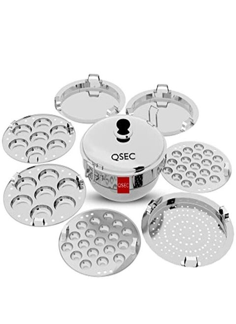 QSEC Stainless Steel Induction Base Idli Maker Multi Kadai Idli Steamer & idli Cooker with 7 Plates | 2 Mini Idli | 2 idli | 2 Dhokla | 1 Momo
