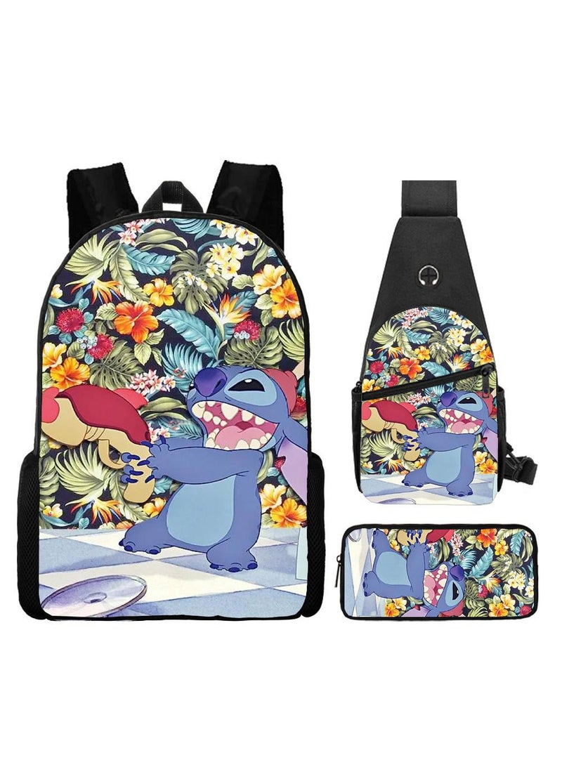 general 3-Piece Cartoon Stitch 3D Print Backpack Set - Image 1