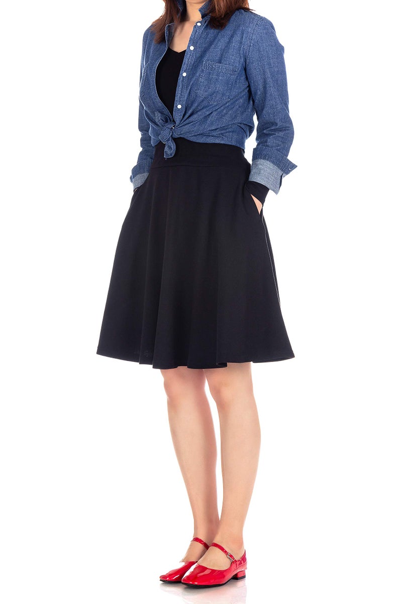 Dani's Choice High-Waisted Cotton Blend Skirt with Pockets - Knee Length A-line Flare for Business and Casual Wear (XL, Black) - Image 1