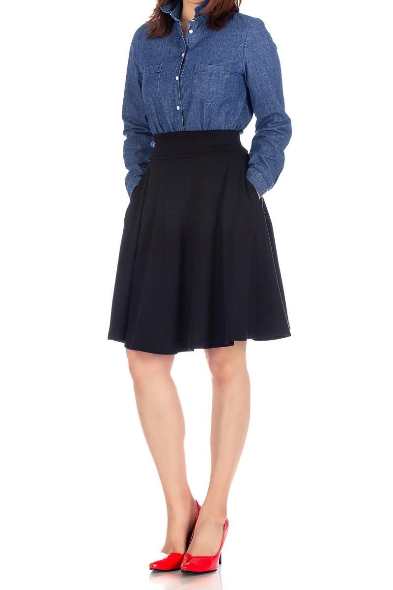 Dani's Choice High-Waisted Cotton Blend Skirt with Pockets - Knee Length A-line Flare for Business and Casual Wear (XL, Black) - Image 2