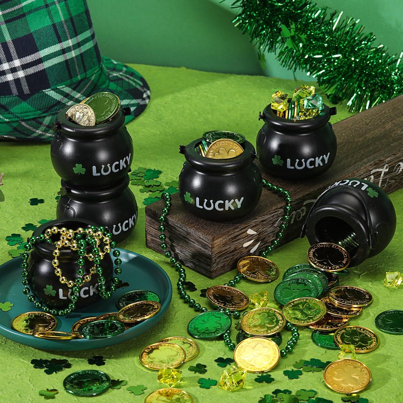 MiniInflat 265 Pcs St Patrick's Day Mini Cauldrons Set 24 Pot of Gold 240 Gold Green Plastic Small Ornaments Bulk Patricks Pot with Ribbon for St. Patrick Party Favor(Black,Shamrock) - Image 4
