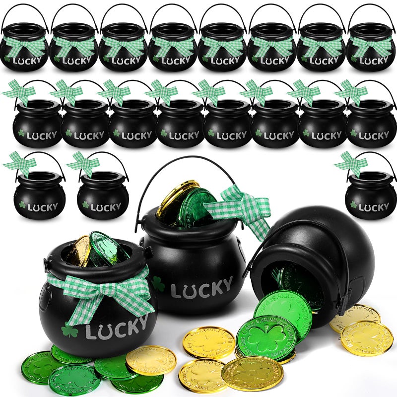 MiniInflat 265 Pcs St Patrick's Day Mini Cauldrons Set 24 Pot of Gold 240 Gold Green Plastic Small Ornaments Bulk Patricks Pot with Ribbon for St. Patrick Party Favor(Black,Shamrock) - Image 1
