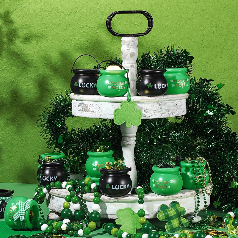 MiniInflat 265 Pcs St Patrick's Day Mini Cauldrons Set 24 Pot of Gold 240 Gold Green Plastic Small Ornaments Bulk Patricks Pot with Ribbon for St. Patrick Party Favor(Black,Shamrock) - Image 5