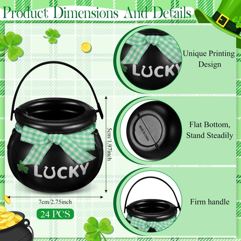 MiniInflat 265 Pcs St Patrick's Day Mini Cauldrons Set 24 Pot of Gold 240 Gold Green Plastic Small Ornaments Bulk Patricks Pot with Ribbon for St. Patrick Party Favor(Black,Shamrock) - Image 2