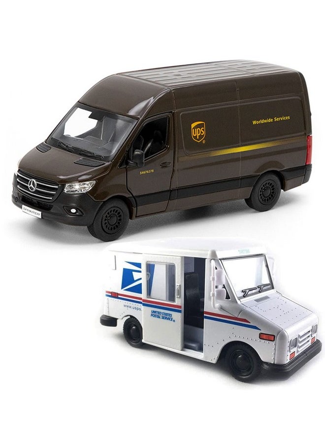 Kinsmart Ups Mercedes-Benz Sprinter + United States Postal Mail Truck Grumman Llv 5 Inch Die Cast Metal Model Toys Setof2  - Image 1