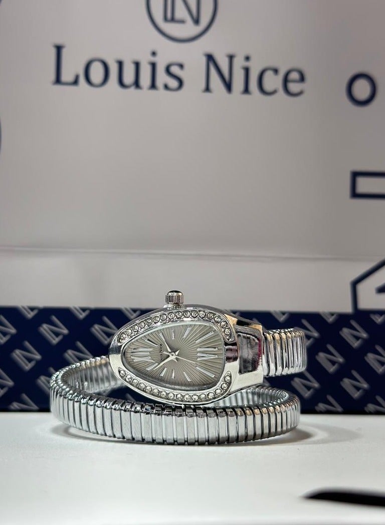 A women's watch with a "snake" design from Louis Nice, featuring a water-resistant case and mother-of-pearl dial, inspired by Bulgari's famous design.