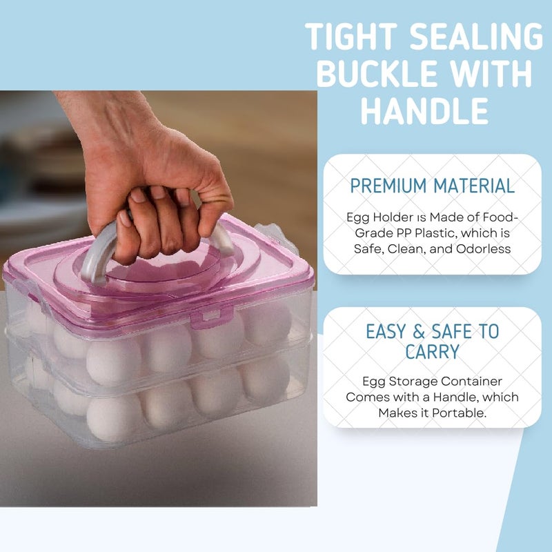MOOZICO MOOZICO Egg Storage Box Egg Refrigerator Storage Tray Stackable ABS Plastic Egg Storage Containers for Fridge and Kitchen Egg storage basket with Carry Holder 2 Layer PINK 24 Egg  - Image 2