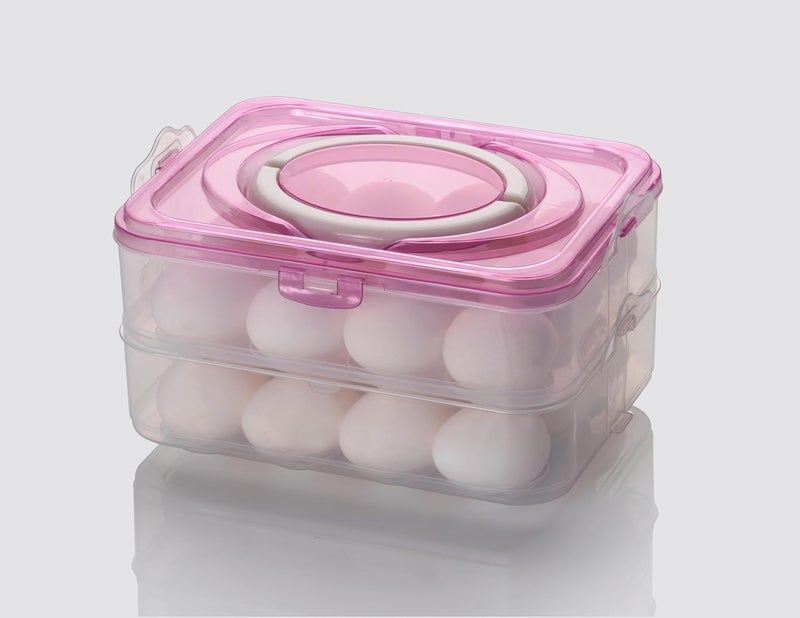 MOOZICO MOOZICO Egg Storage Box Egg Refrigerator Storage Tray Stackable ABS Plastic Egg Storage Containers for Fridge and Kitchen Egg storage basket with Carry Holder 2 Layer PINK 24 Egg  - Image 1