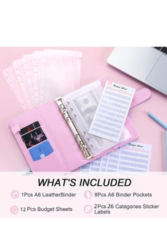 Generic A6 Leather Binder /6 Ring Binder Cover 8Pcs Binder Pockets 12Pcs Expense Budget Sheets & 2Pcs Categories Sticker Labels Money Saving Binder for Budgeting(Pink)  - Image 2
