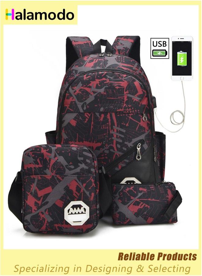 HALAMODO 3PCS School Backpack Set, Portable Casual Daypack for Boys Girls, Students Shoulder Bag, Laptop Backpack, with Sling Crossbody Bag and Storage Book Bags, College Office Travel - Image 1