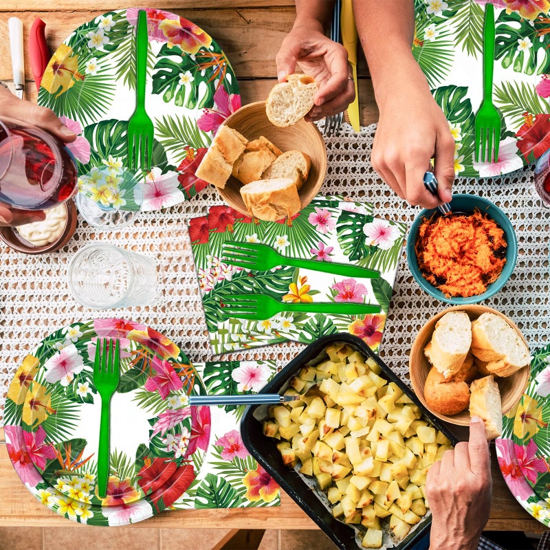 Merriva 100 Pcs Tropical Luau Party Supplies Set, Serves 25 â€“ Disposable Hibiscus Floral Paper Plates, Napkins, and Forks, Hawaiian Themed Tableware for Summer BBQ, Pool and Beach Aloha Birthday Decorations - Image 3