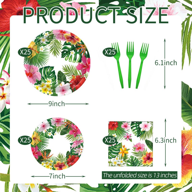 Merriva 100 Pcs Tropical Luau Party Supplies Set, Serves 25 â€“ Disposable Hibiscus Floral Paper Plates, Napkins, and Forks, Hawaiian Themed Tableware for Summer BBQ, Pool and Beach Aloha Birthday Decorations - Image 2
