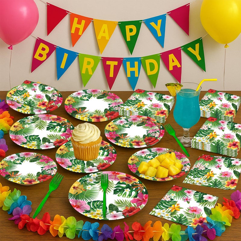 Merriva 100 Pcs Tropical Luau Party Supplies Set, Serves 25 â€“ Disposable Hibiscus Floral Paper Plates, Napkins, and Forks, Hawaiian Themed Tableware for Summer BBQ, Pool and Beach Aloha Birthday Decorations - Image 5