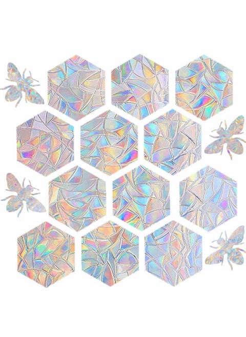 Static Window Clings, 16 Pcs Hexagons and Bee Anti-Collision Decals to Save Birds from Collisions, Non Adhesive Prismatic Vinyl Rainbow Stickers