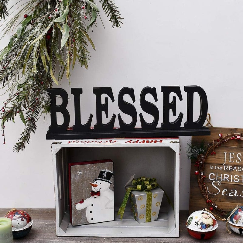 Linfevisi Black Wood Blessed Sign Standing Block Letters Sign Rustic Freestanding Wood Word Decor Decorative Blessed Table Sign Cutout Word Art Blessed Shelf Decor (Black Blessed Sign) - Image 5
