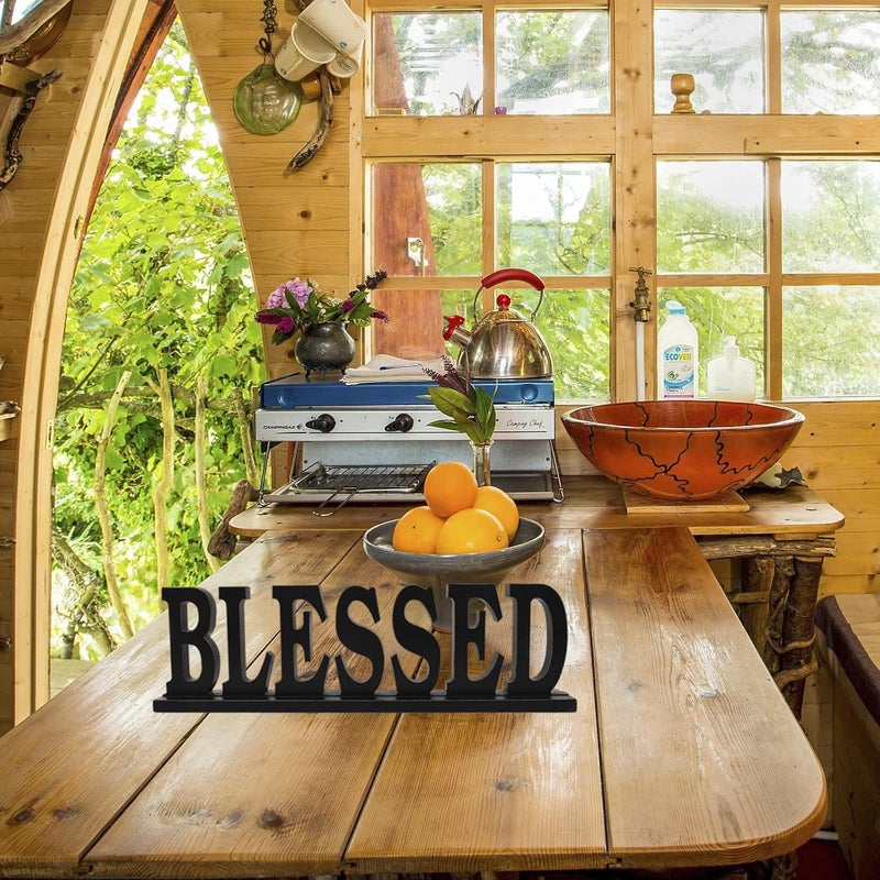 Linfevisi Black Wood Blessed Sign Standing Block Letters Sign Rustic Freestanding Wood Word Decor Decorative Blessed Table Sign Cutout Word Art Blessed Shelf Decor (Black Blessed Sign) - Image 3