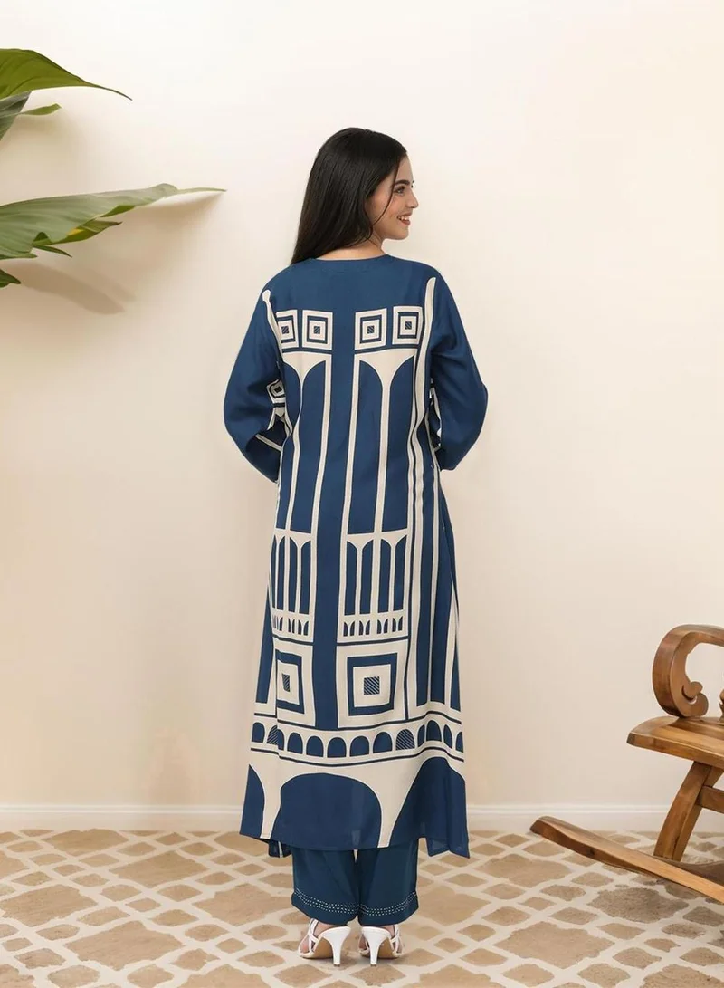 ISHIN Women's Blue 100% Cotton Embellished Tunic Full Length Casual Straight Fit Kurta Set