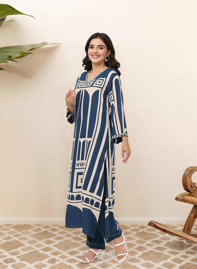 ISHIN Women's Blue 100% Cotton Embellished Tunic Full Length Casual Straight Fit Kurta Set