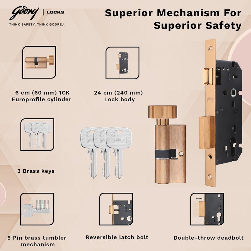Godrej Locking Solutions and Systems Godrej Mortise LockHandle Lock Set for Main Bedroom DoorHDH 13 Brass Home D cor HandleSatin Steel Finish10 inch Lockbody70 mm Cylinder Key Outside knob from Inside 4 Keys 5 Years Warranty  - Image 3