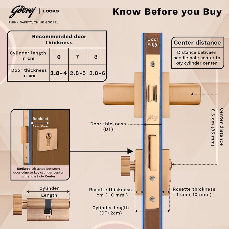 Godrej Locking Solutions and Systems Godrej Mortise LockHandle Lock Set for Main Bedroom DoorHDH 13 Brass Home D cor HandleSatin Steel Finish10 inch Lockbody70 mm Cylinder Key Outside knob from Inside 4 Keys 5 Years Warranty  - Image 4