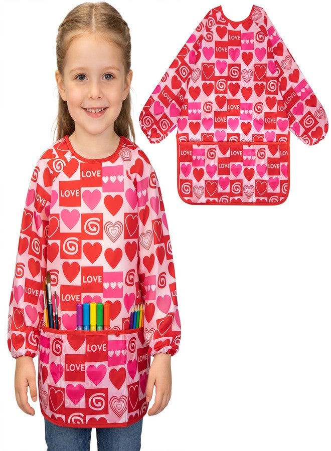 Milifox Smocks for Kids, 1 Pack Kids Painting Apron, Waterproof Children Art Smock Long Sleeve with 3 Pockets for Painting, Art, Crafts, Cooking, Activity (Red Heart) - Image 1