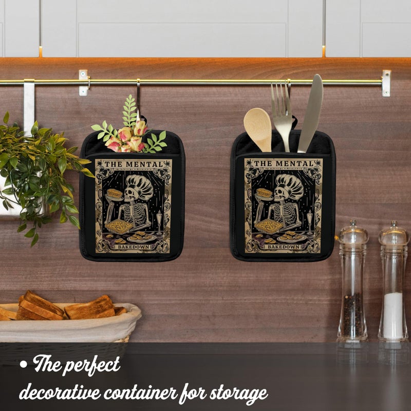 YeiHe Gothic Skeleton Pot Holders with Pockets, Funny Baking Gifts Pot Holders Heat Resistant Oven Mitts Hot Pads for Kitchen Baking Cooking,Potholders for Kitchens - Image 3