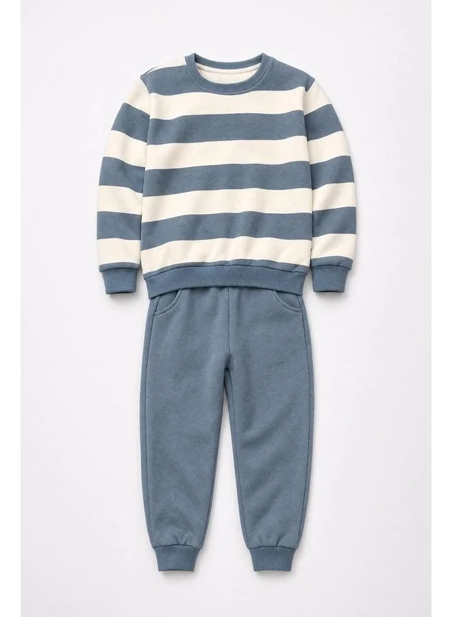 Perendi Boys' Striped Sweatshirt and Jogger Pants Set with Lining