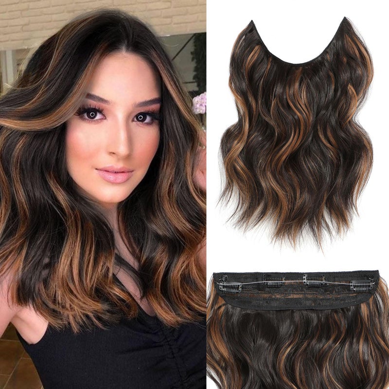 BUPPLER Halo Hair Extensions 12 Inch Invisible Wire Hair Extensions Adjustable Long Wavy Hairpiece Synthetic Upgrade 4 Secure Clips in Hairpieces 12 Inch,Black Brown with highlights - Image 1