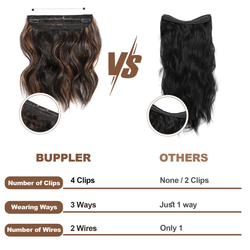 BUPPLER Halo Hair Extensions 12 Inch Invisible Wire Hair Extensions Adjustable Long Wavy Hairpiece Synthetic Upgrade 4 Secure Clips in Hairpieces 12 Inch,Black Brown with highlights - Image 4