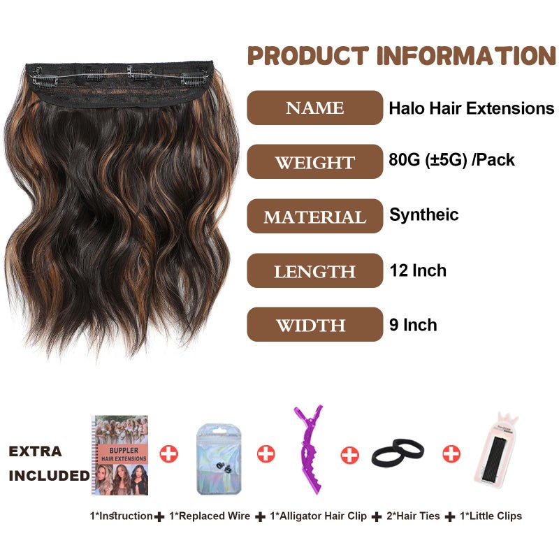 BUPPLER Halo Hair Extensions 12 Inch Invisible Wire Hair Extensions Adjustable Long Wavy Hairpiece Synthetic Upgrade 4 Secure Clips in Hairpieces 12 Inch,Black Brown with highlights - Image 2