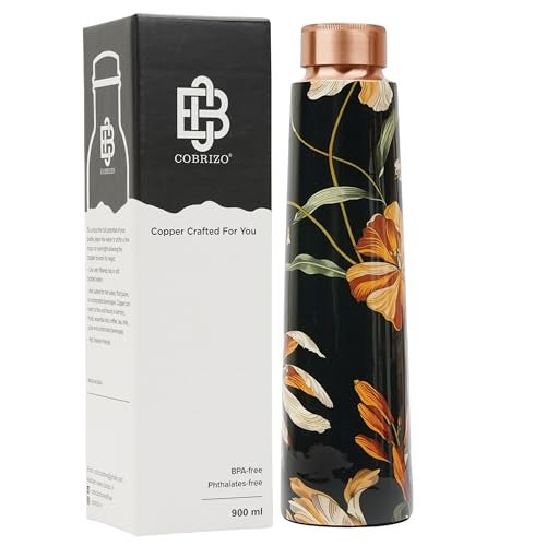 COBRIZO 100% Pure Copper Floral Designer Water Bottle with Ayurvedic Benefits Rustproof & Leakproof Copper Bottle for Home School Gym Travel Bottle Drinkware & Storage Purpose 900 ml - Image 1