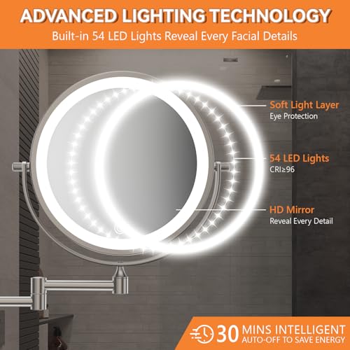 Auxmir 1X/30X Wall Mounted Lighted Makeup Mirror, 8" 3200 mAh Rechargeable Double-Sided Magnifying Mirror, Touch Dimmable 3 Color Lights, 360° Rotating Foldable 14.5" Extension Arm, Brushed Nickel - Image 4
