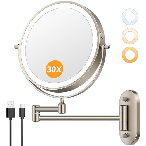 Auxmir 1X/30X Wall Mounted Lighted Makeup Mirror, 8" 3200 mAh Rechargeable Double-Sided Magnifying Mirror, Touch Dimmable 3 Color Lights, 360° Rotating Foldable 14.5" Extension Arm, Brushed Nickel - Image 1