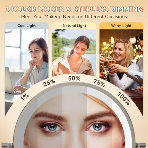 Auxmir 1X/30X Wall Mounted Lighted Makeup Mirror, 8" 3200 mAh Rechargeable Double-Sided Magnifying Mirror, Touch Dimmable 3 Color Lights, 360° Rotating Foldable 14.5" Extension Arm, Brushed Nickel - Image 3